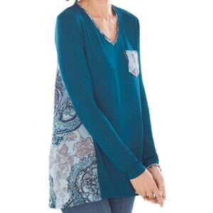 Chico’s Blue Multicolor Paisley Floral Woven Back Tunic Top, Size 1=Small